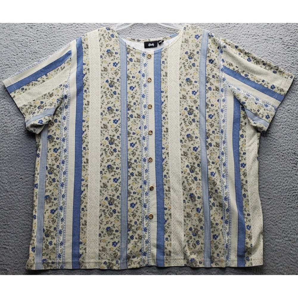Tapestry Blouse Top Womens 4X Multi Floral Short Sleeve Round Neck Button Front